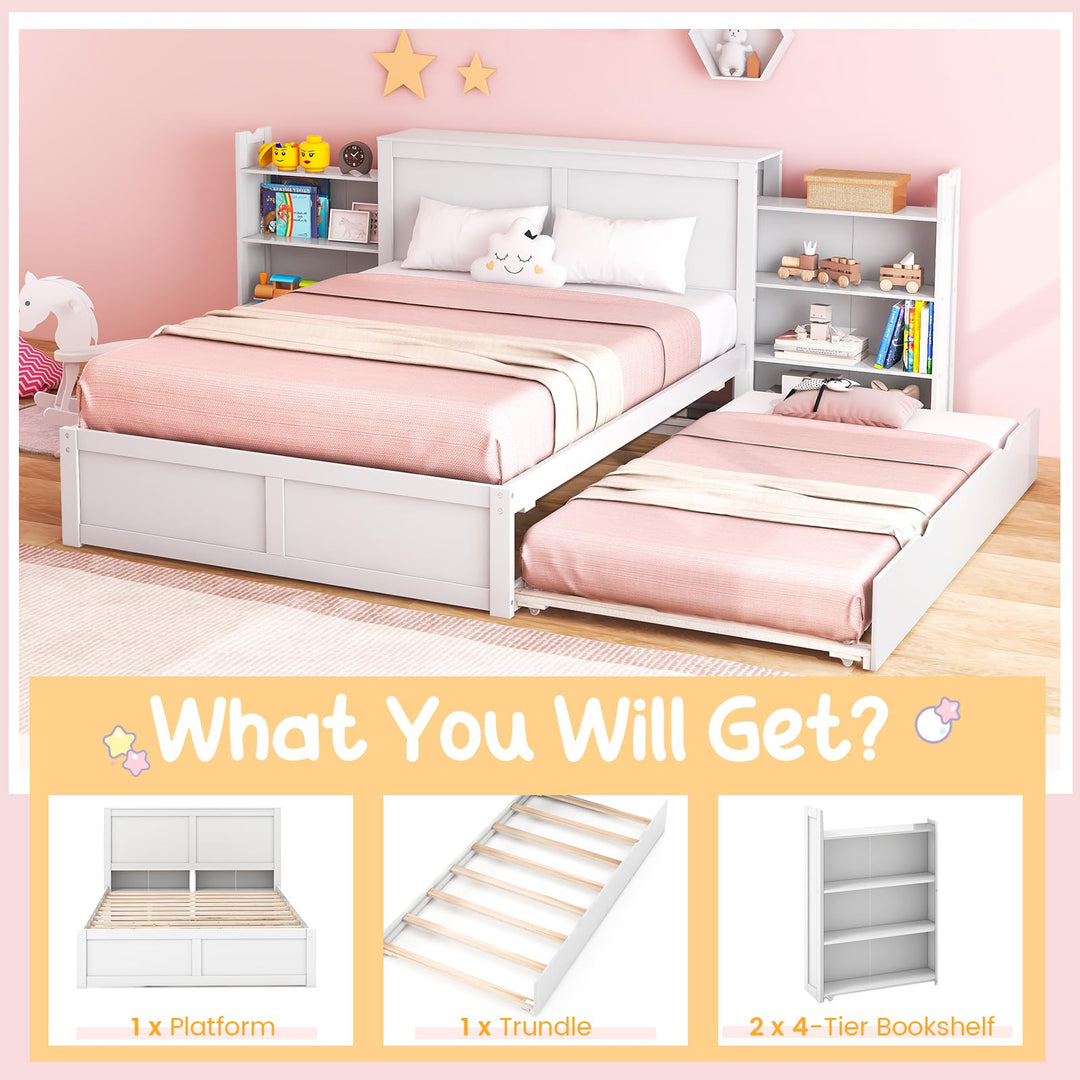 Giantex Full Bed Frame with Twin Trundle, Wooden Bed Wooden Bed Frame with 2 Rolling Bookcases &amp; High Headboard