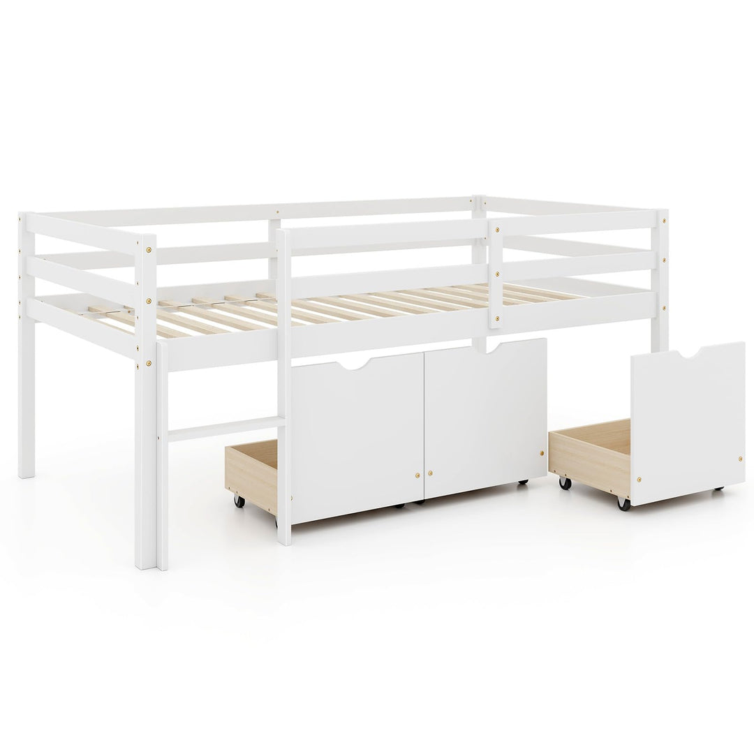 Giantex Twin Low Loft Bed with 3 Drawers, Wooden Loft Bed Frame with Ladder &amp; Full-length Guardrails