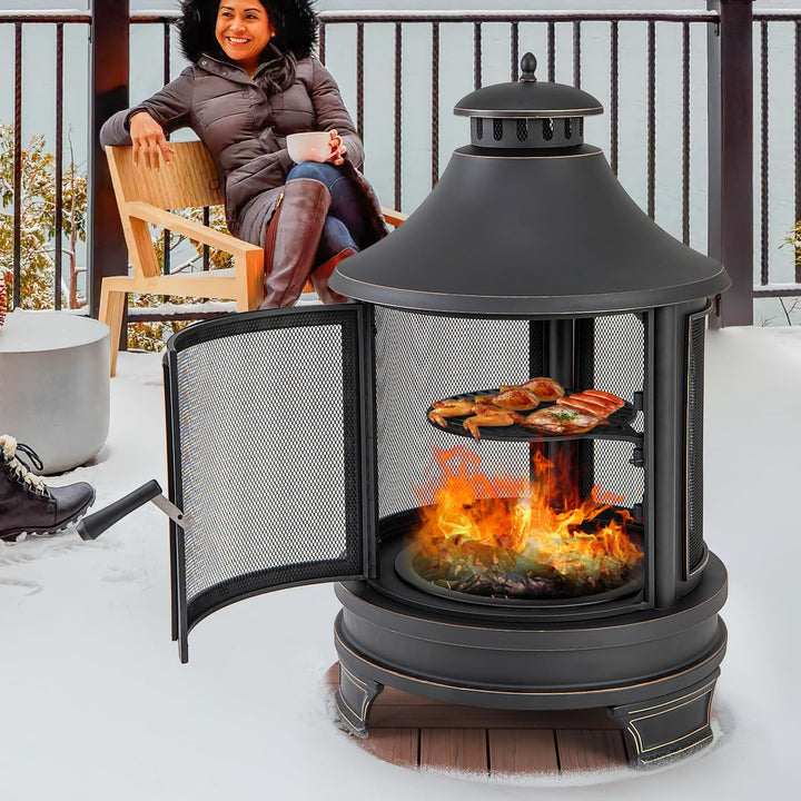 Giantex 2 in 1 Outdoor Fire Pit with Grill, 30 Inch Metal Chiminea, Wood Burning Fireplace with Chimney