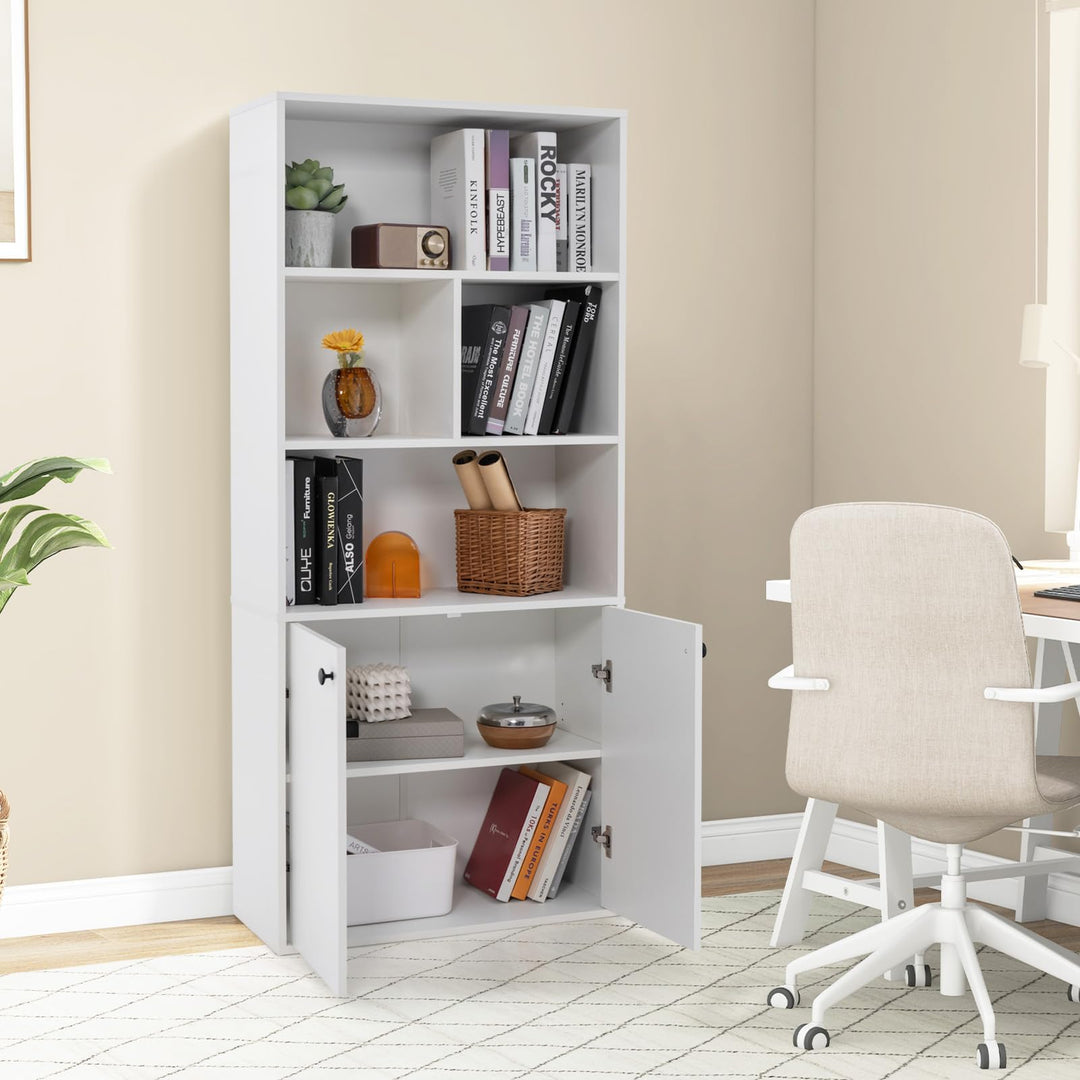 Giantex 3-Tier Bookcase with Doors, 61" Tall Bookshelf with 4 Open Cubes &amp; Adjustable Shelf, White
