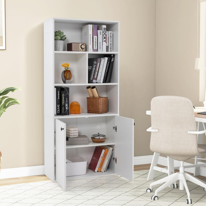 Giantex 3-Tier Bookcase with Doors, 61" Tall Bookshelf with 4 Open Cubes &amp; Adjustable Shelf, White