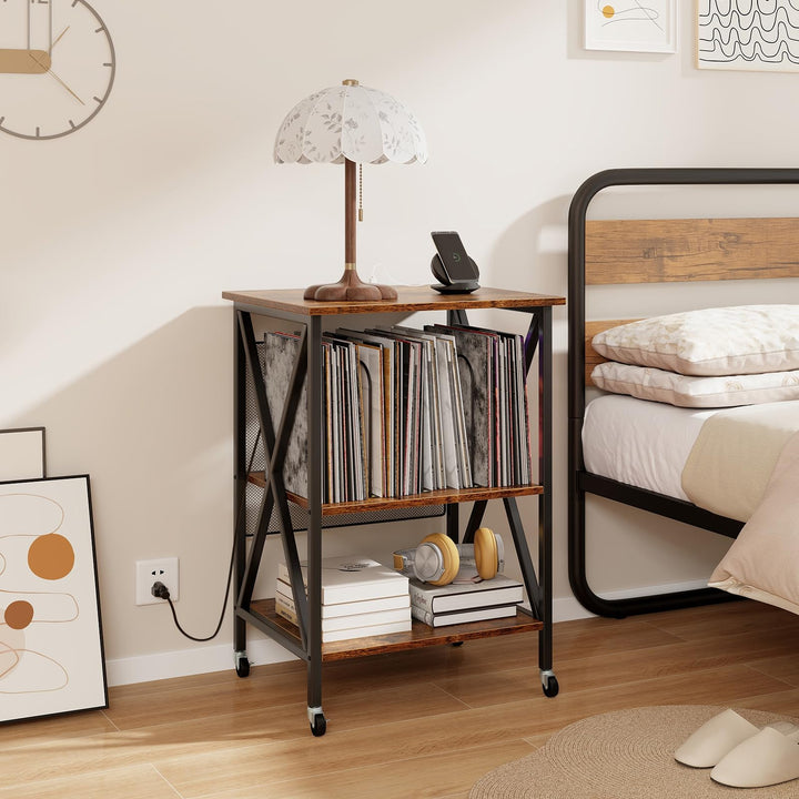 Giantex Record Player Stand with Charging Station, Turntable Stand with Record Storage &amp; 4 Rolling Wheels