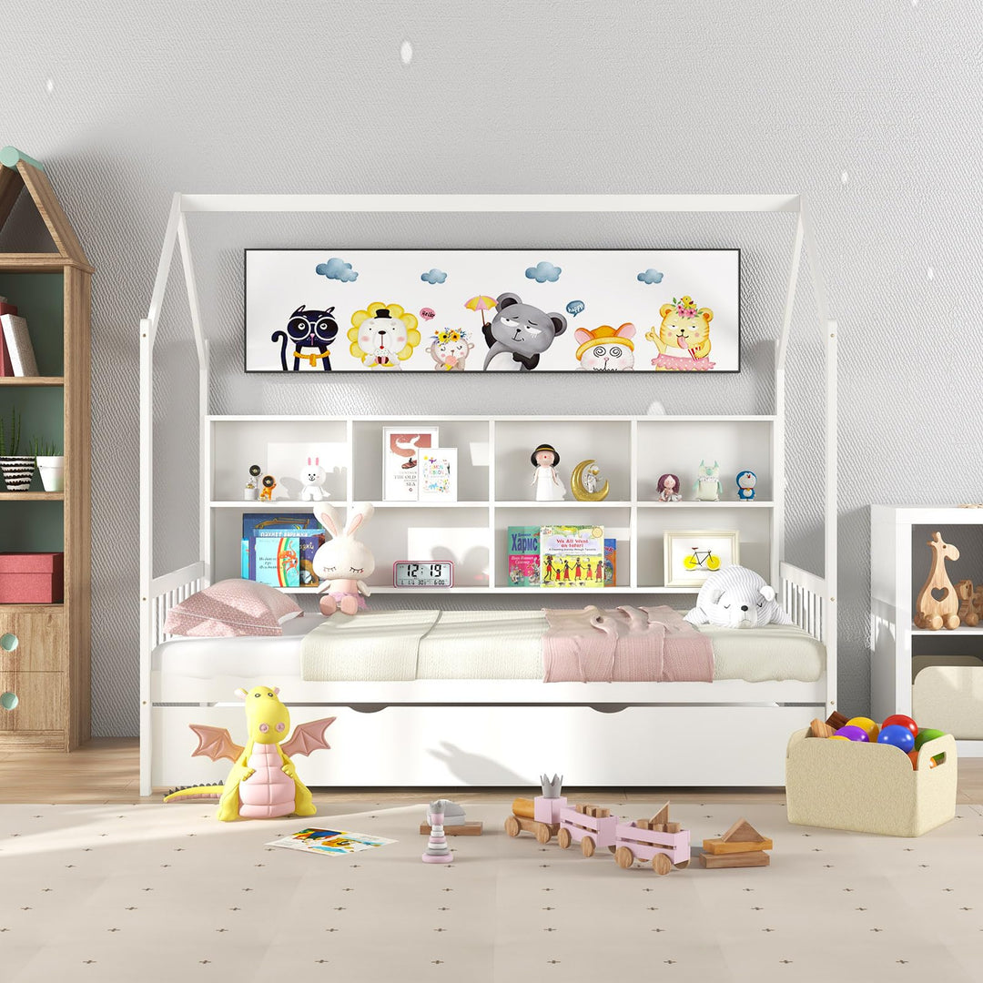 Giantex Twin House Bed with Trundle, Solid Wood Bed Frame with Roof &amp; 8 Cube Bookcase