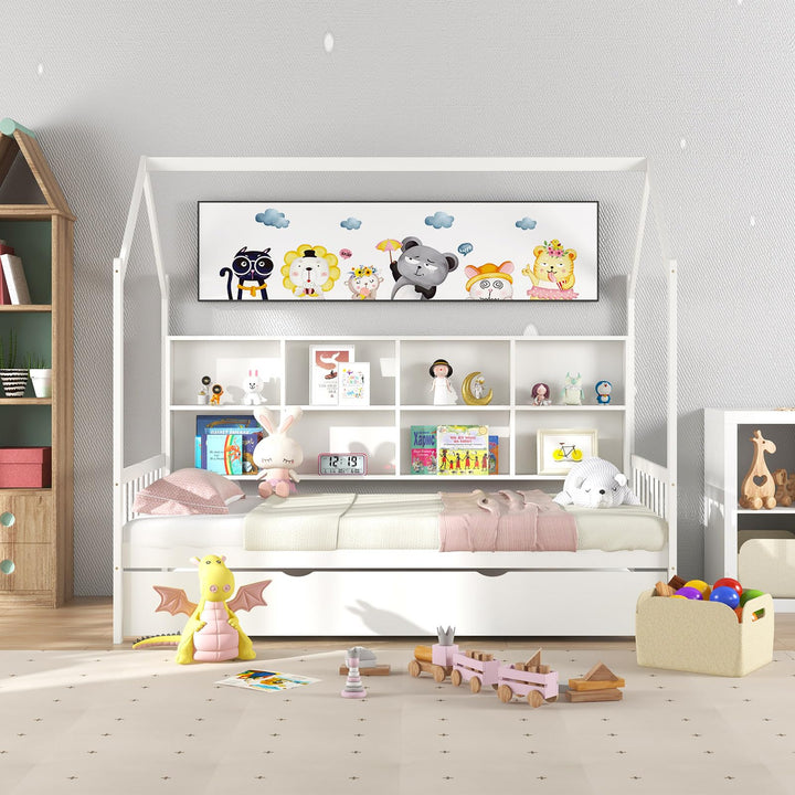 Giantex Twin House Bed with Trundle, Solid Wood Bed Frame with Roof &amp; 8 Cube Bookcase