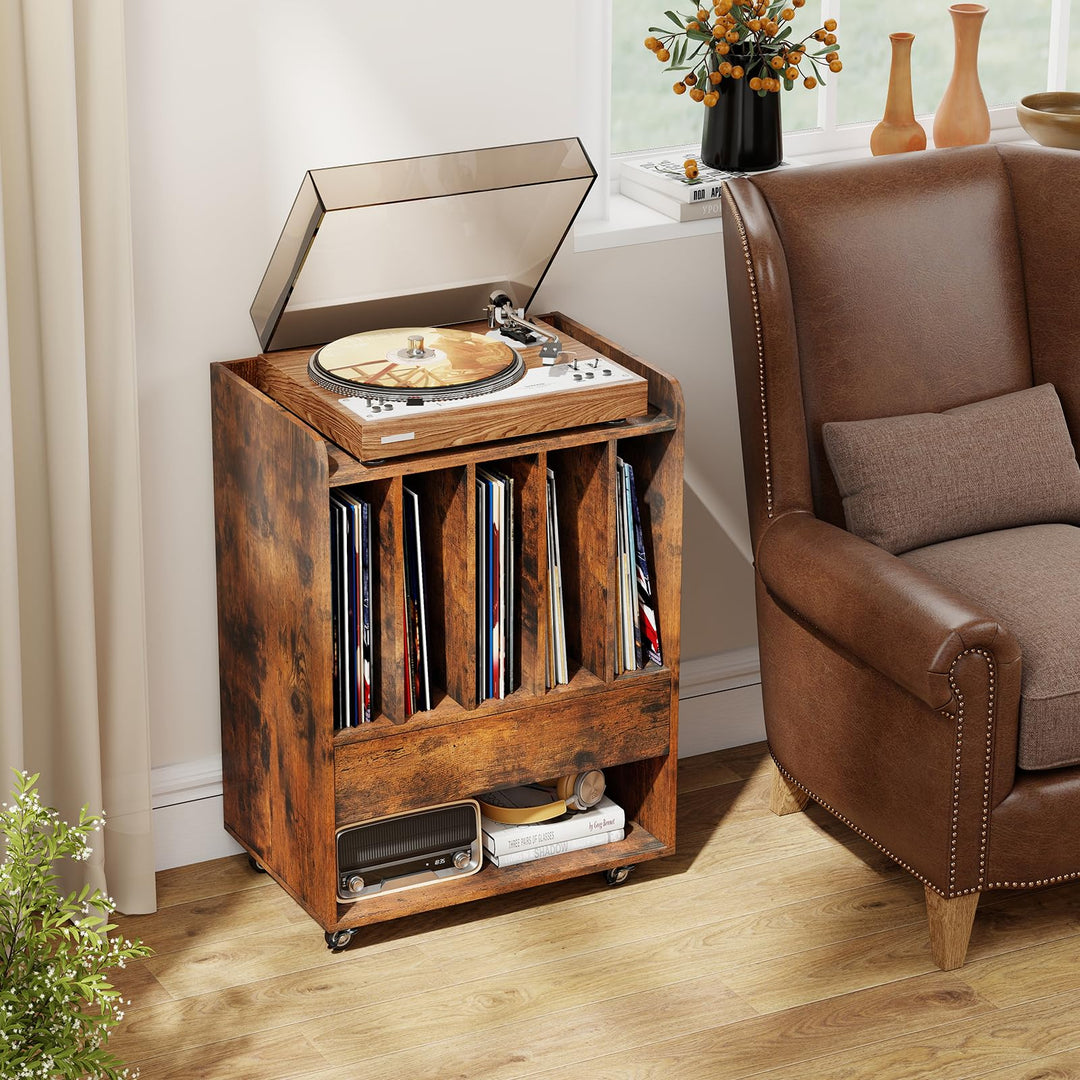 Giantex Record Player Stand Rolling Turntable Stand with Drawer &amp; Lockable Wheels