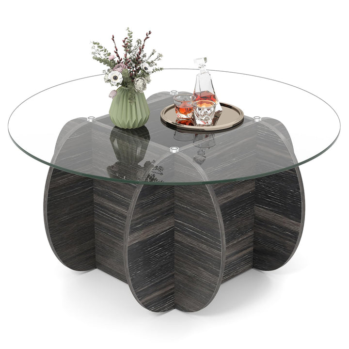 Giantex 35" Glass Round Coffee Table with Storage Tempered Glass Top &amp; Solid Wood Base