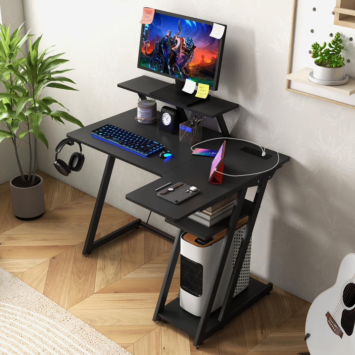 Giantex L Shaped Gaming Desk with Outlets &amp; USB Ports, Small Computer Desk with Monitor Shelf