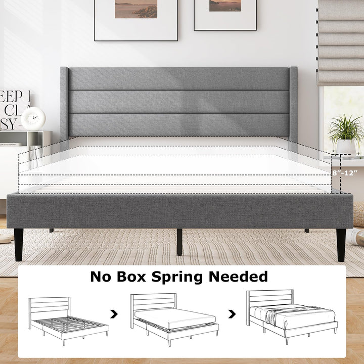 Giantex Queen/Twin Size Bed Frame, Modern Linen Upholstered Platform Bed with Wingback Headboard