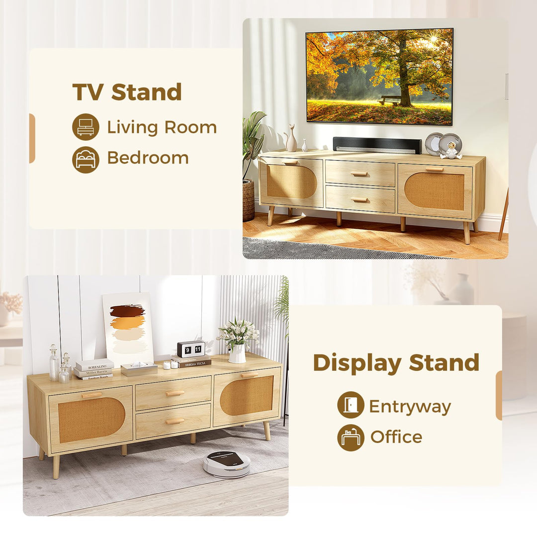 Giantex Rattan TV Stand for TVs up to 65 Inch, 59" TV Console Cabinet with Drawers &amp; Solid Wood Legs