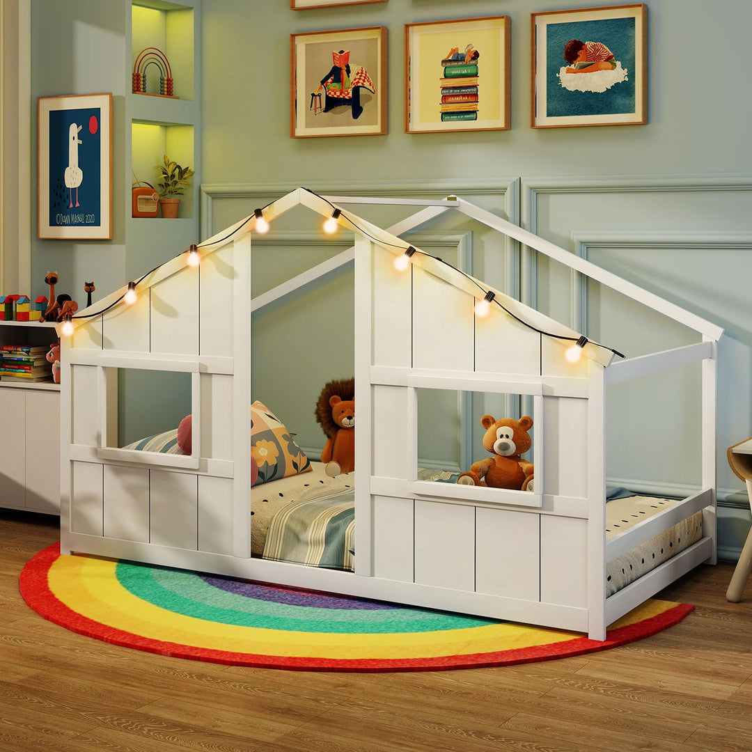 Giantex Twin Kids House Bed with Light Bulbs Wooden Montessori Floor Bed Frame with Roof &amp; Windows