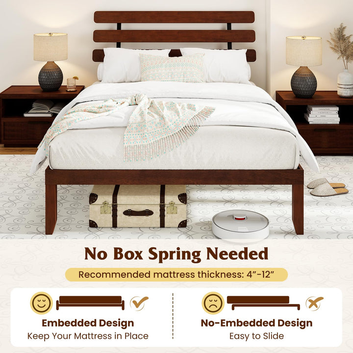 Giantex Queen/Full/Twin Size Platform Bed with Retro Headboard Mid Century Modern Bed Frame with Wood Slat Support
