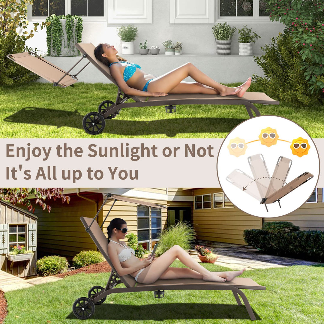 Giantex Outdoor Chaise Lounge Chair, Tanning Chair with Sunshade and Smooth Wheels, 6-Level Adjustable Position