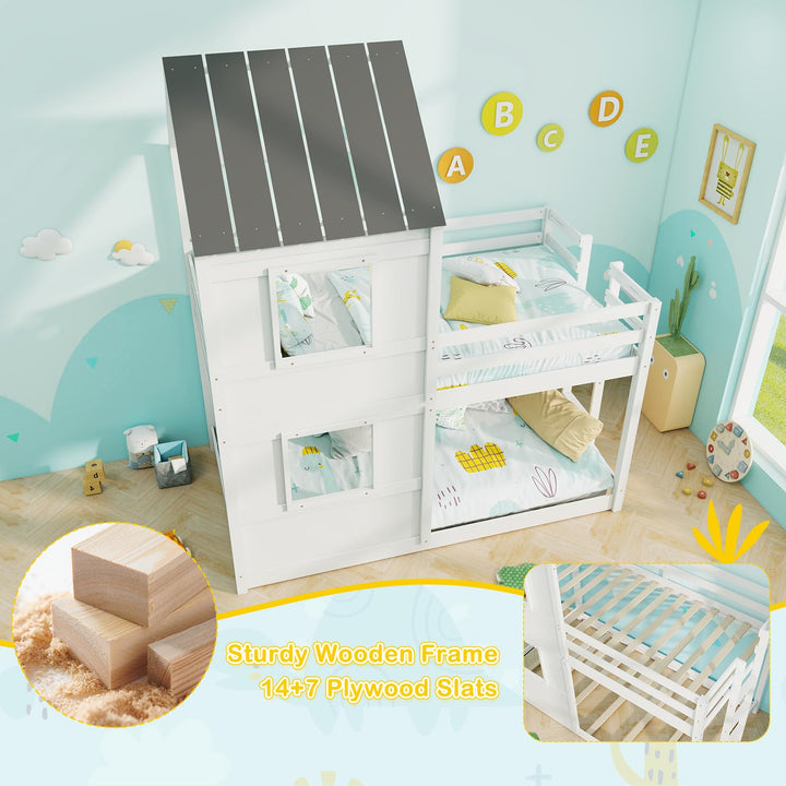 Giantex House Bunk Bed Twin Over Twin, Solid Wood Floor Bunk Bed with Built in Ladder, Window &amp; Safety Guardrail