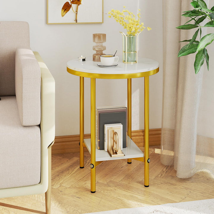 Giantex Round Side Table 2-Tier Faux Marble Sofa Side Coffee Table w/Gold Frame &amp; Open Shelf
