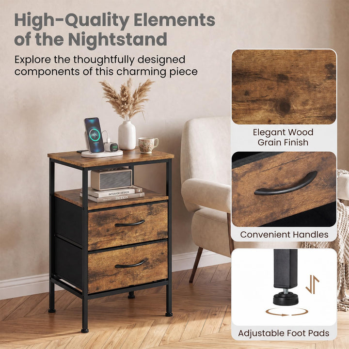 GIANTEX 24.5" Nightstand with Charging Station &amp; 2 Fabric Drawer (1/2)