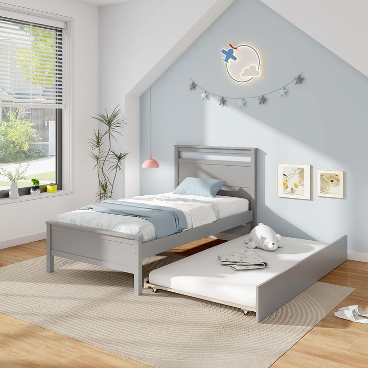 Giantex Trundle Bed Twin, Wood Day Bed Frame with Headboard &amp; Footboard