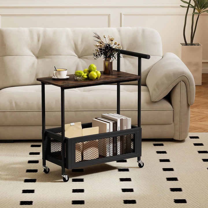 Giantex Rolling End Table with Handle 2-Tier Sofa Side Table with Open Shelf &amp; Mesh Basket