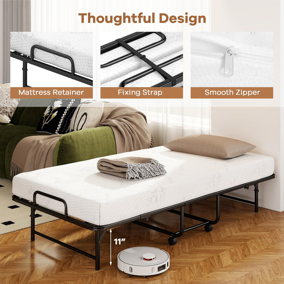 Giantex Twin Folding Bed Frame with 5 Inch Mattress, Portable Rollaway Guest Bed, 75" x 38"