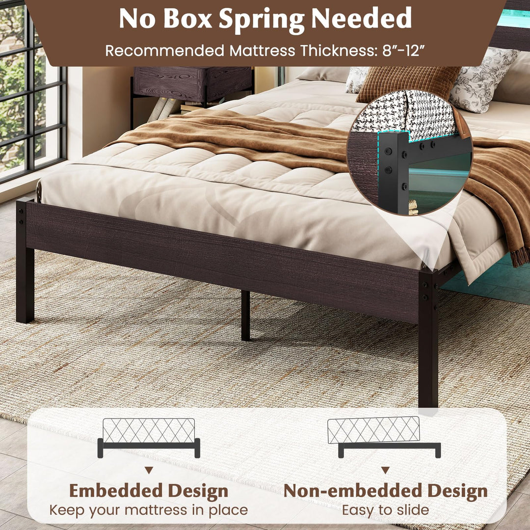 Giantex Full Size LED Bed Frame with Charging Station Rustic Metal Platform Bed