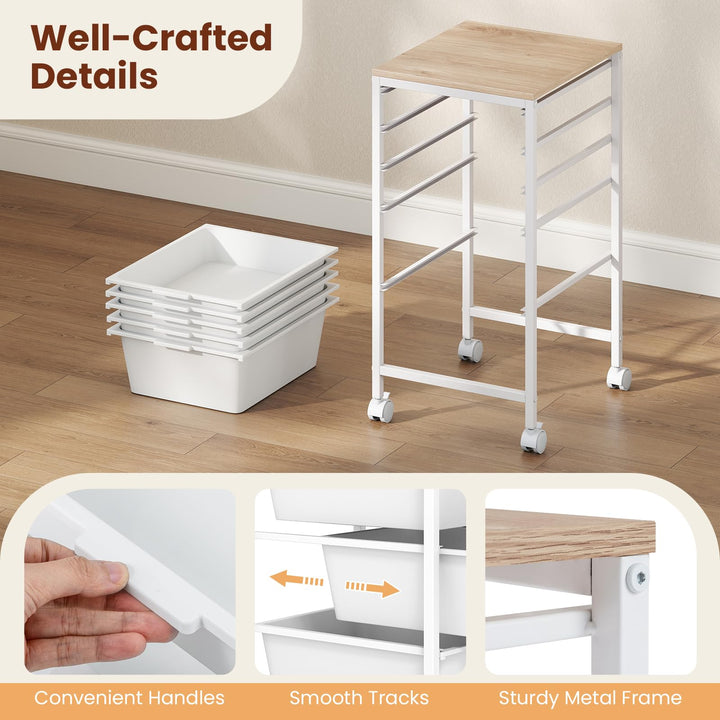Giantex 5-Drawer Rolling Storage Cart Mobile Utility Organizer with Wooden Tabletop and Lockable Wheels