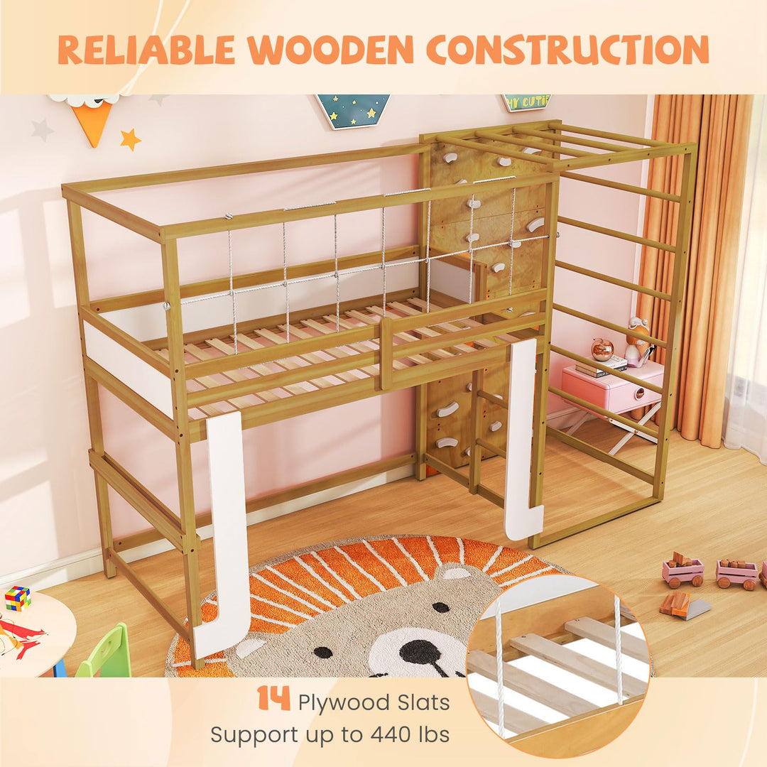 Giantex Twin Bunk Bed with Jungle Gym Wooden Loft Bed with Climbing Ladder