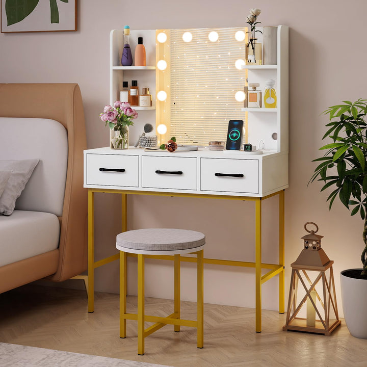 CHARMAID Makeup Vanity Desk with Lighted Mirror &amp; Charging Station