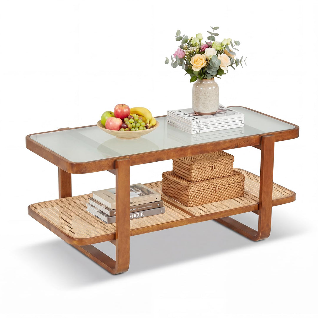 Giantex Rattan Coffee Table | 41.5" Farmhouse Center Table with Storage &amp; Frosted Tempered Glass
