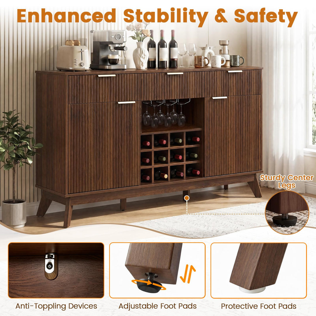 GIANTEX 60" Fluted Wine Bar Cabinet with 3 Stoarge Drawers &amp; Wine Rack Adjustable Shelves
