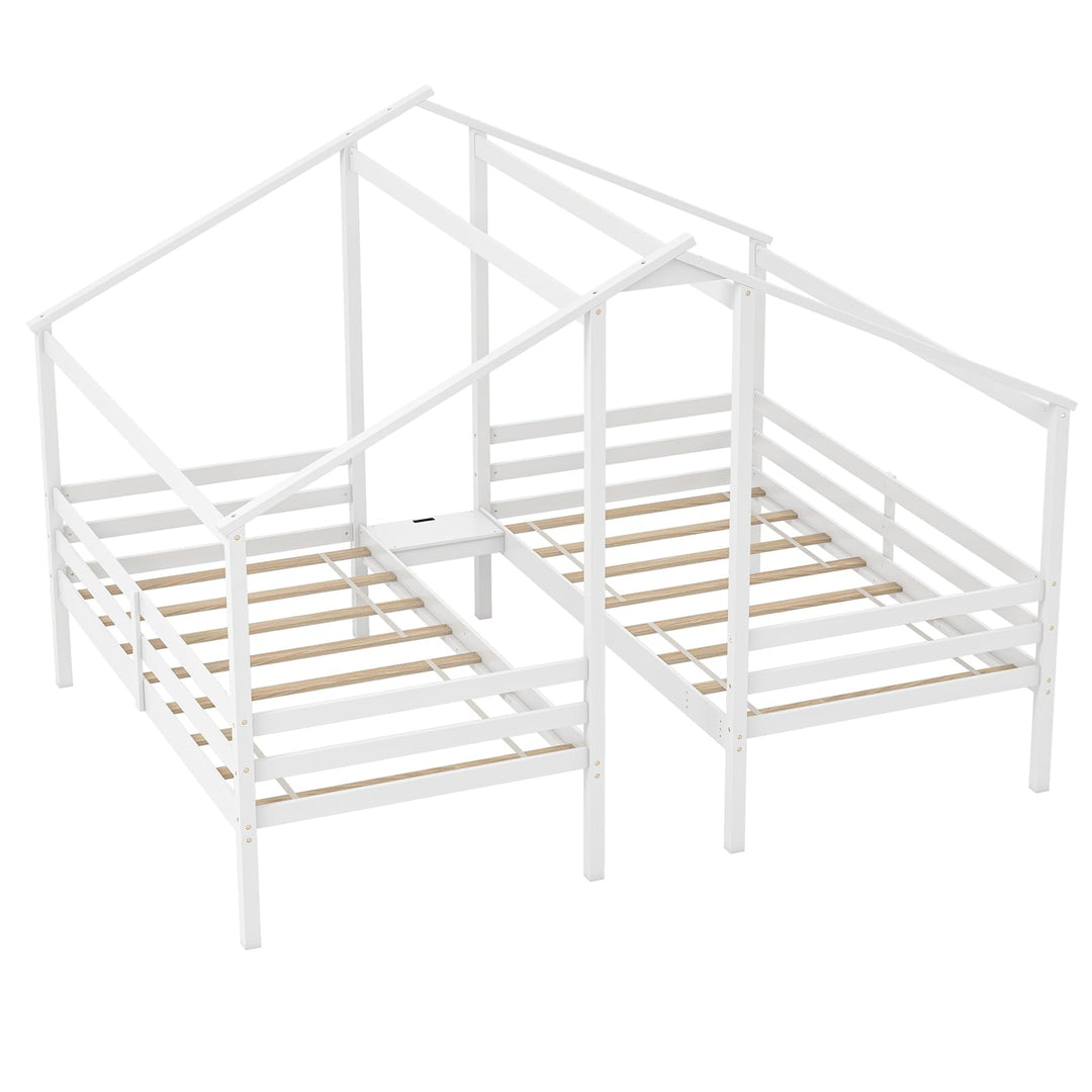 Giantex Double Twin Bed Frames for Kids, Wood House Shaped Platform with Built-in Nightstand &amp; USB Port