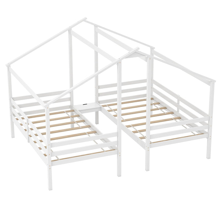 Giantex Double Twin Bed Frames for Kids, Wood House Shaped Platform with Built-in Nightstand &amp; USB Port