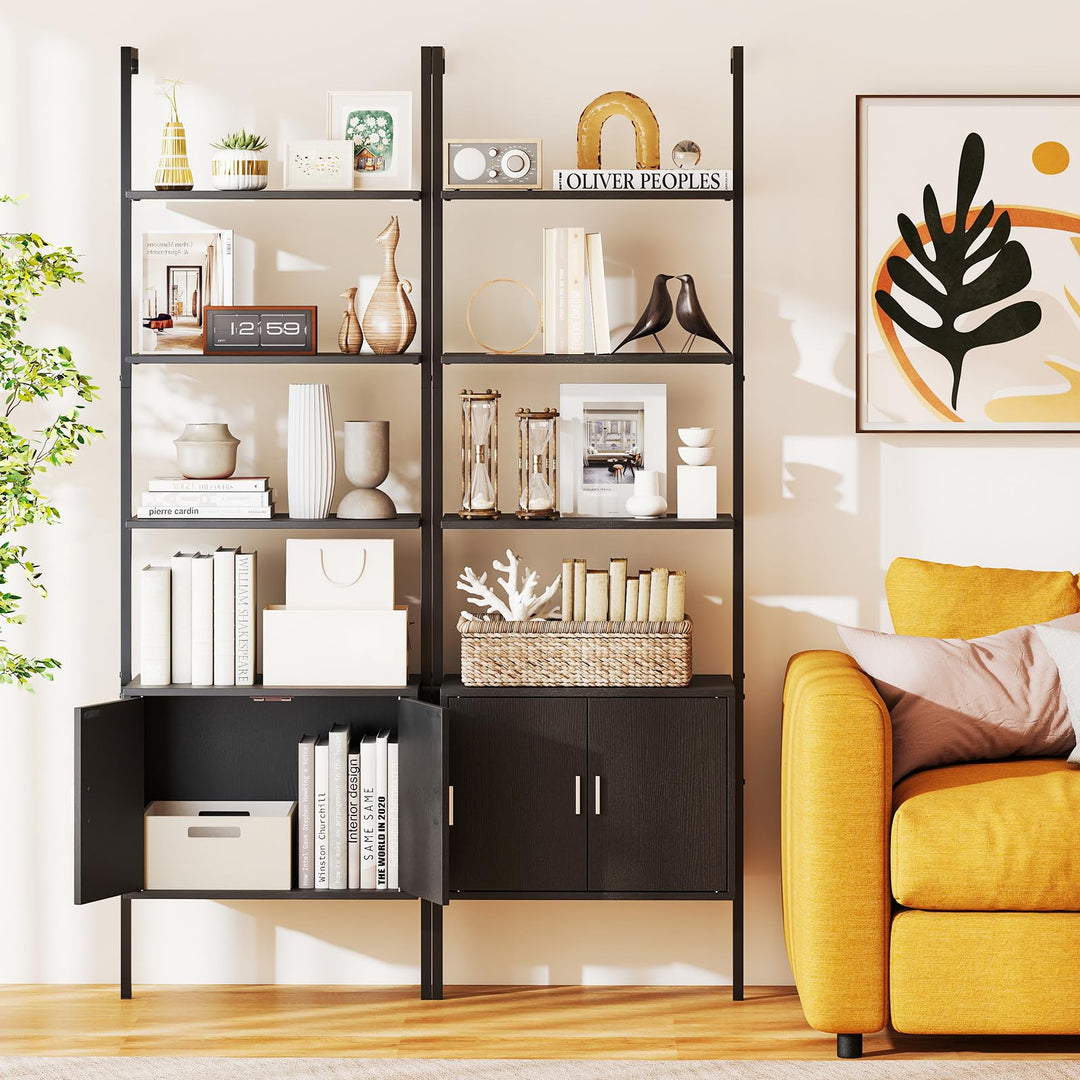 Giantex 5-Tier Wall-Mounted Ladder Shelf 72.5" Tall Bookshelf w/ 2-Door Cabinet
