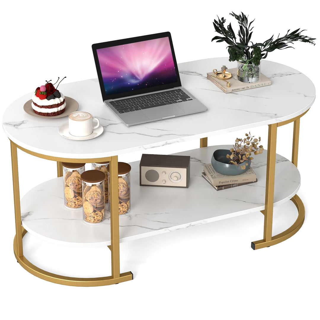 Giantex 2-Tier Coffee Table Oval Center Table with Wood Grain Top &amp; Open Storage Shelf