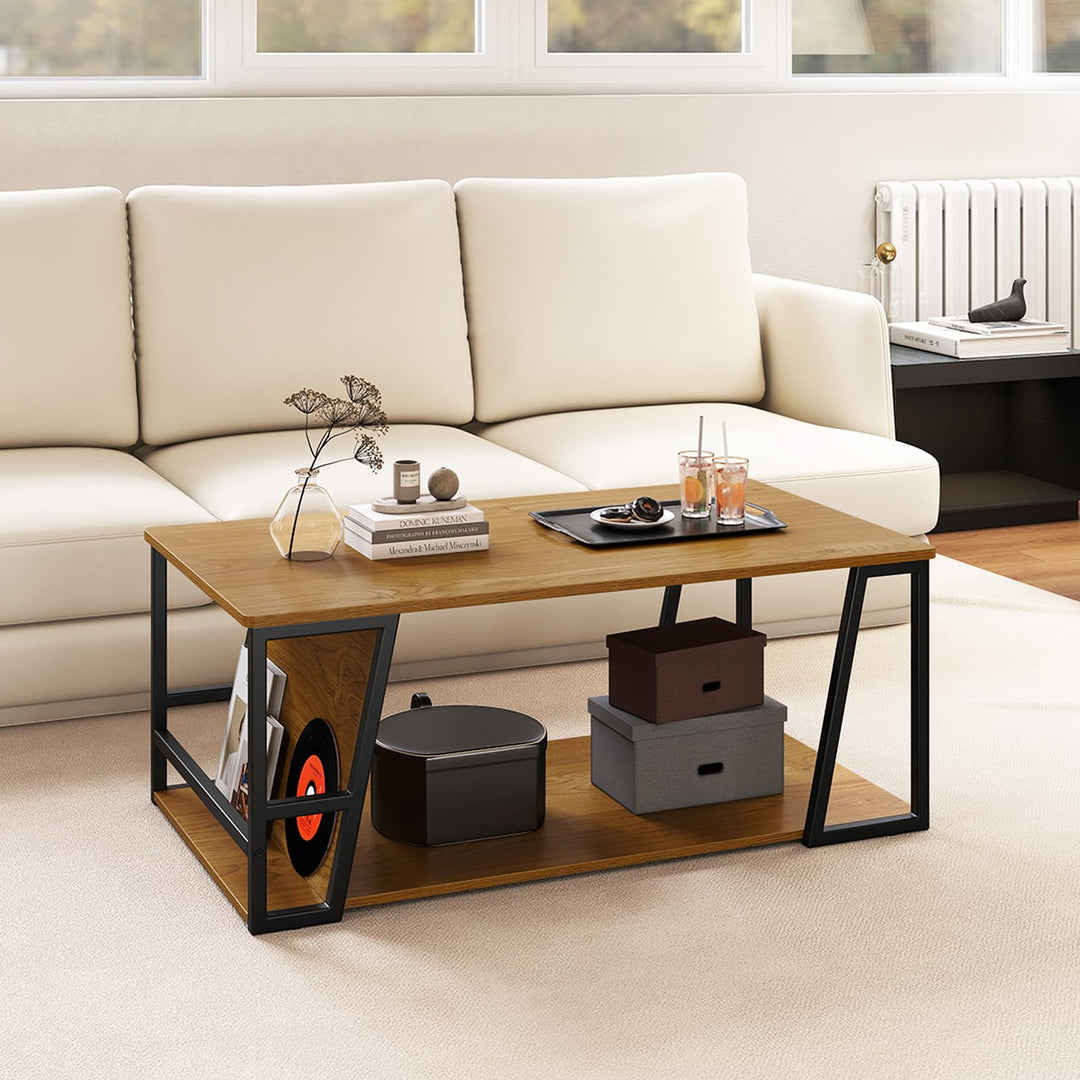 Giantex Rectangle Coffee Table 2-tier Industrial Accent Table with Storage Shelf and Compartment