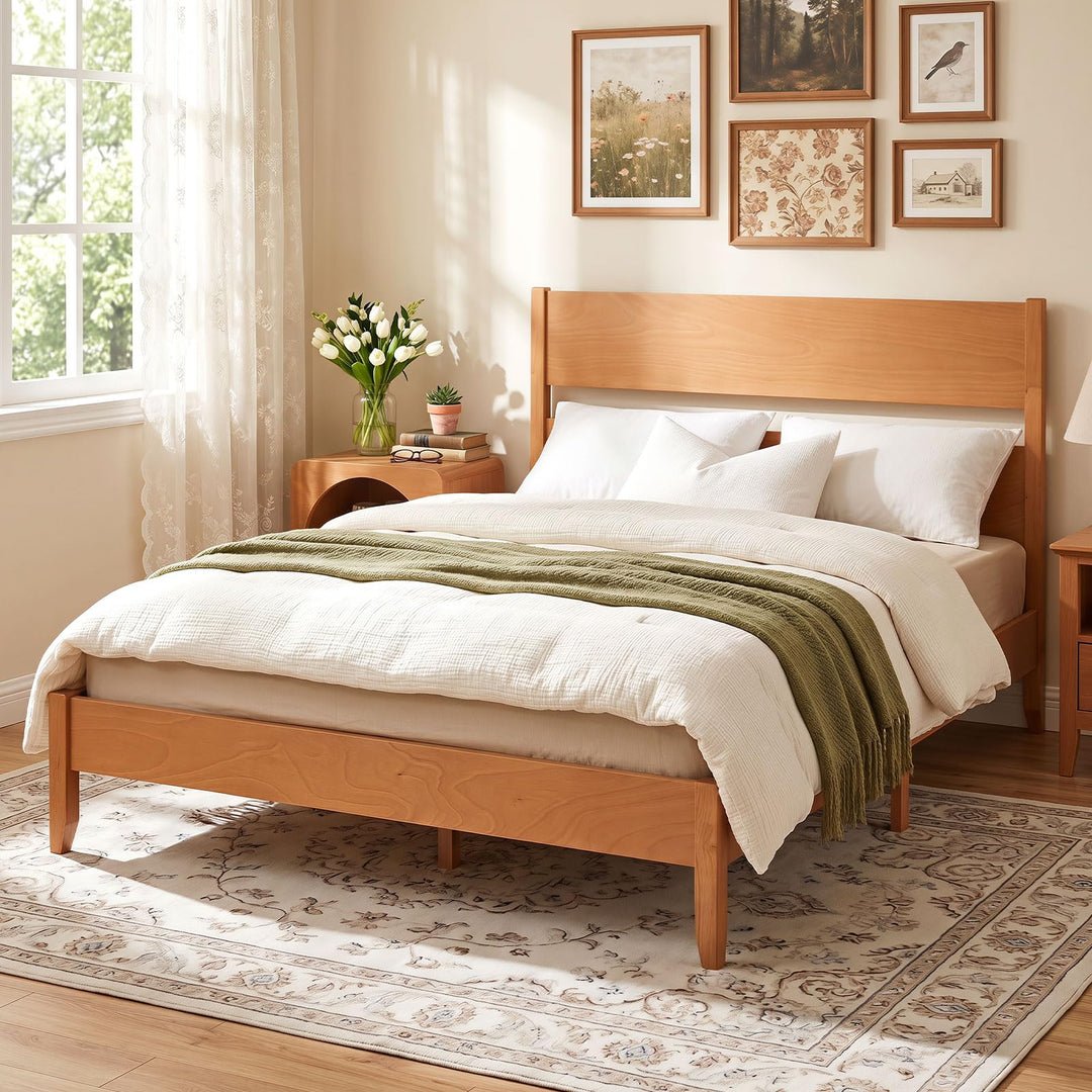 GIANTEX Queen/Full/Twin Size Wooden Bed Frame with Slatted Headboard