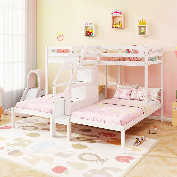 Giantex Twin Over Twin &amp; Twin Bunk Bed, Triple Bunk Beds with 4-Step Storage Stair, Wooden 3 Bunk Beds for Kids Teens