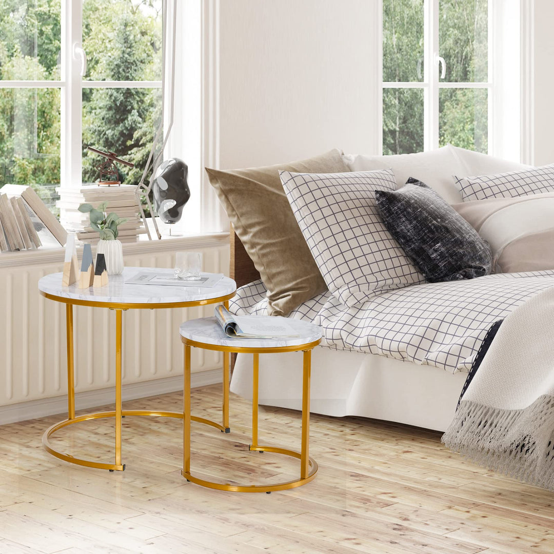 Giantex Nesting Coffee Table Set of 2, Round Stacking Side Tables with Wooden Tabletop &amp; Powder Coated Steel Frame