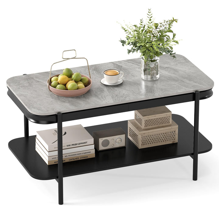 Giantex 2-Tier Coffee Table with Storage Faux Mable Center Table w/Sintered Stone Top