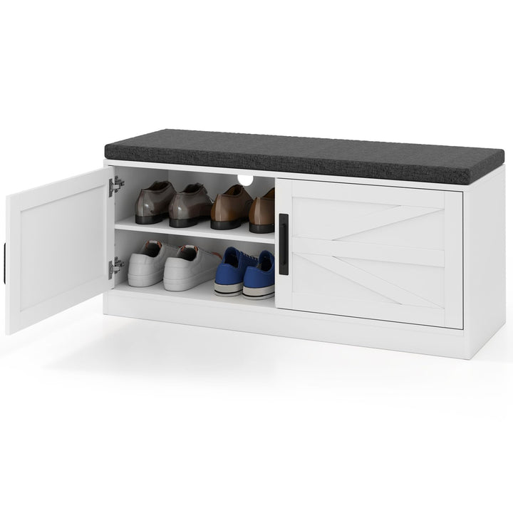 Giantex Shoe Storage Bench with Cushion, 2-Tier Entryway Bench w/2 Barn Doors &amp; 2 Adjustable Shelves