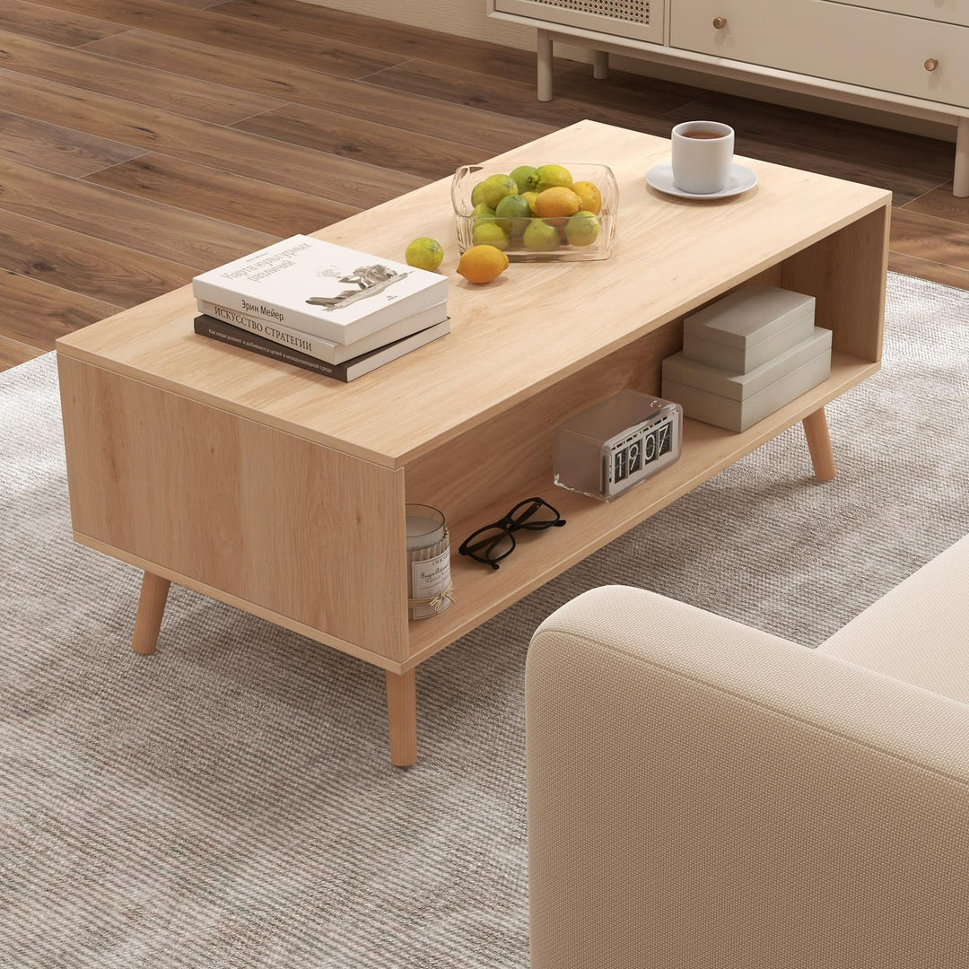 Giantex Rattan Coffee Table, Mid Century Modern Center Table with 2 Storage Drawers &amp; Back Compartment