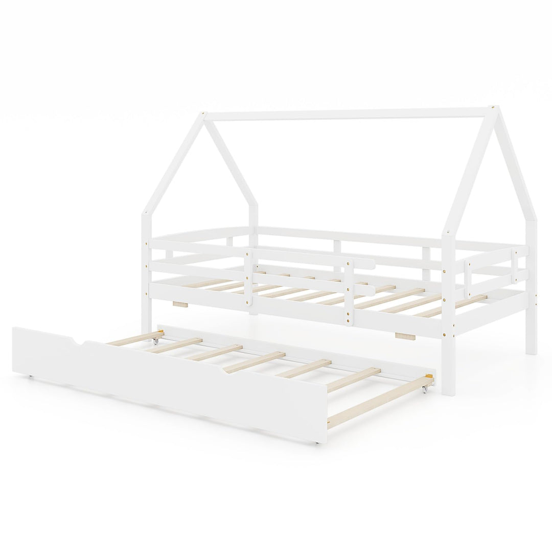 Giantex Twin House Bed with Trundle, Wood Kids Bed Frame with Roof &amp; Fence Rails