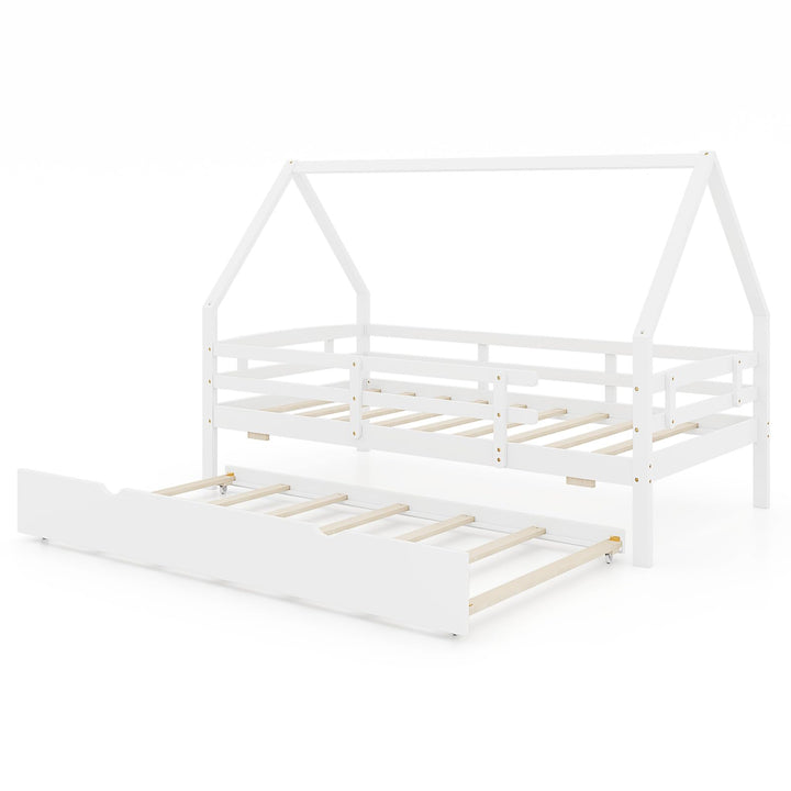 Giantex Twin House Bed with Trundle, Wood Kids Bed Frame with Roof &amp; Fence Rails