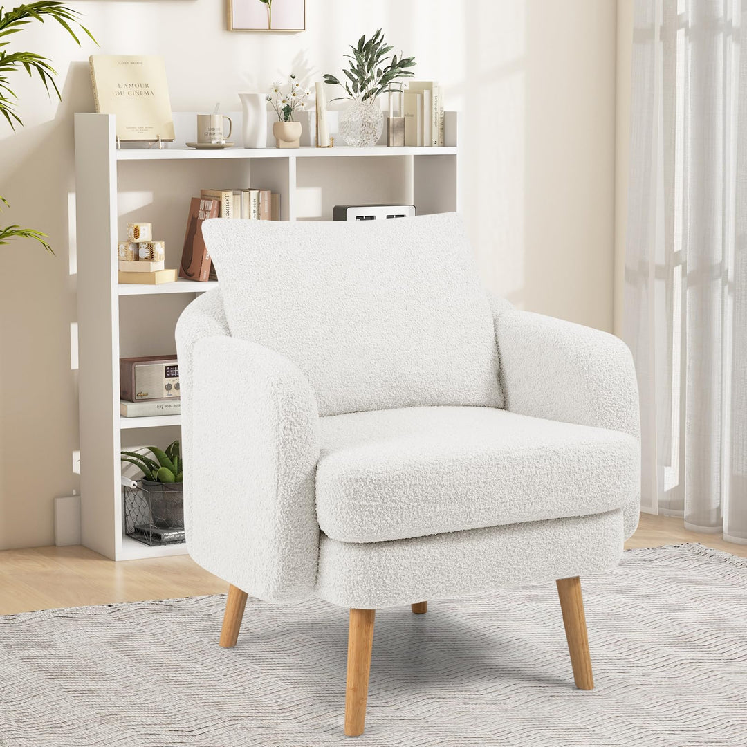 Giantex Sherpa Accent Chair, Modern Upholstered Single Sofa Chair with Back Pillow &amp; Solid Rubber Wood Legs