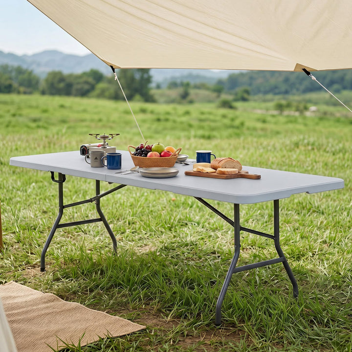 Giantex 8FT Folding Table | Heavy Duty Fold-in-Half Portable HDPE Plastic Table with Handle &amp; Locks