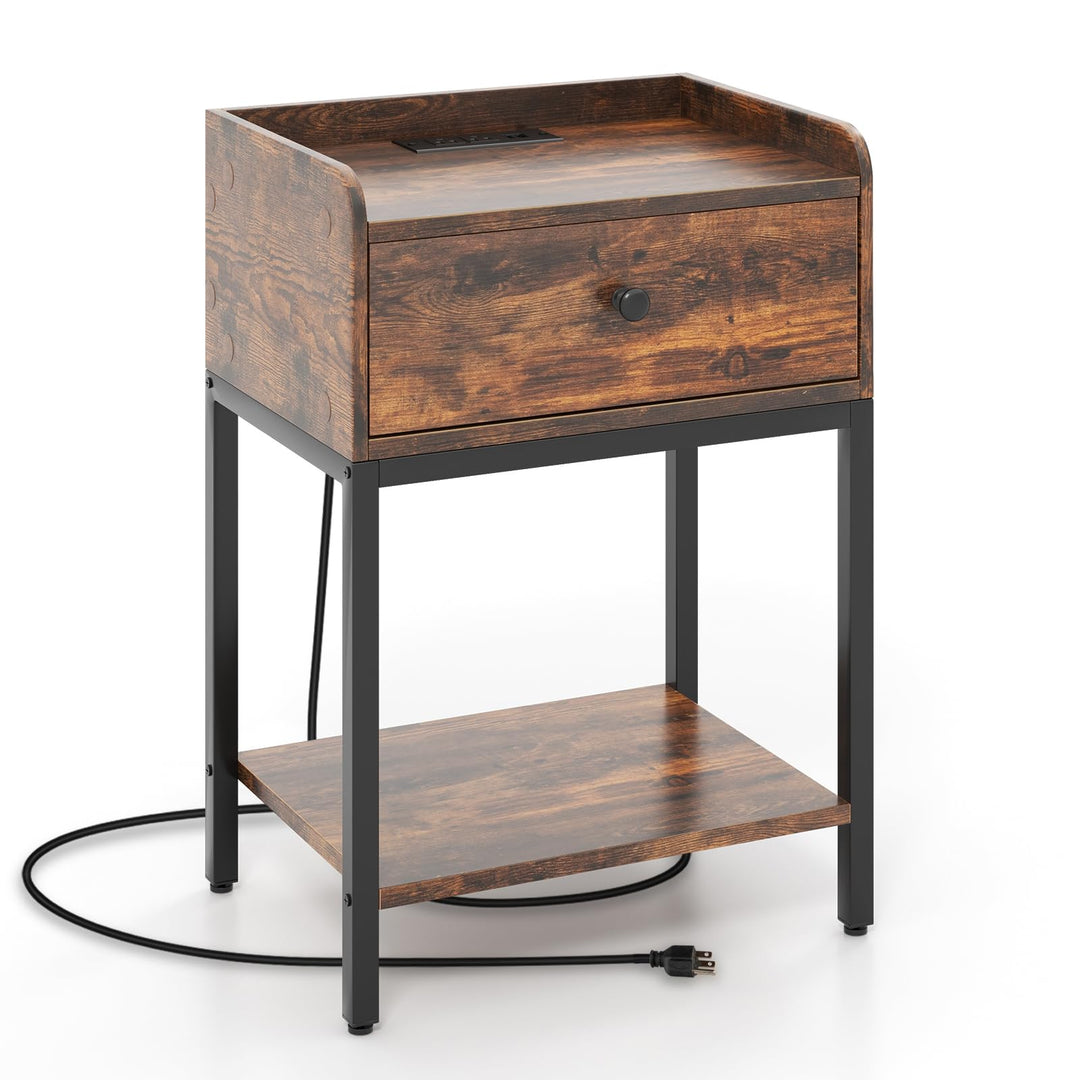 Giantex Nightstand with Charging Station, Industrial Bedside Table with Storage Drawer &amp; Open Shelf