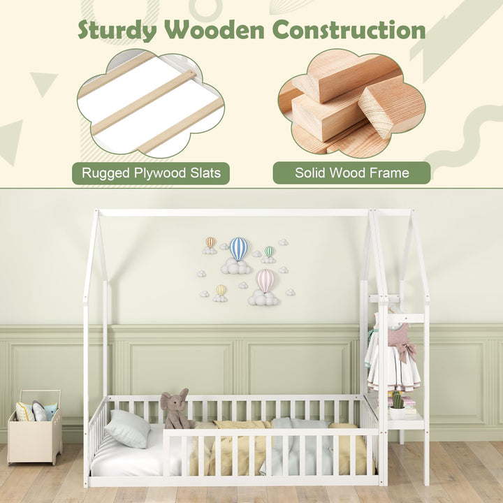 Giantex Twin House Floor Bed, Solid Wood Montessori Floor Bed with Detachable Storage Shelf &amp; Clothes Hanger