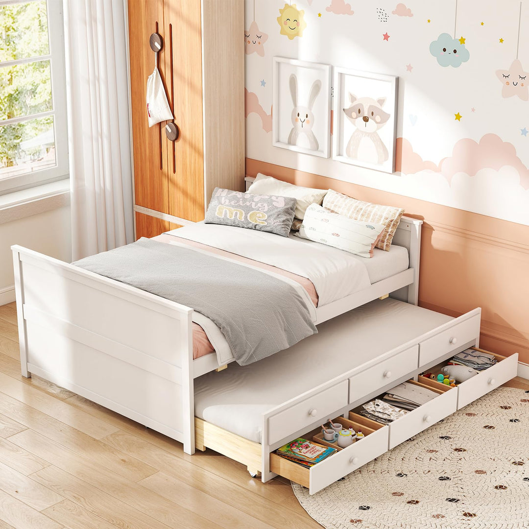 Giantex Full Size Bed Frame with Twin Trundle &amp; 3 Storage Drawers