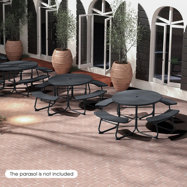 Giantex Picnic Table Set for Up to 8 Persons, Round Outdoor Table and Bench Set with Umbrella Hole