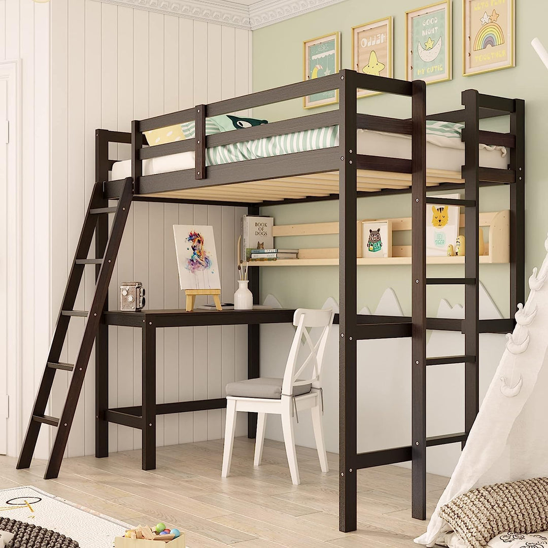 Giantex Twin Size Loft Bed with Desk, Solid Wood Loft Bed with 2 Ladders &amp; Full Length Guardrail
