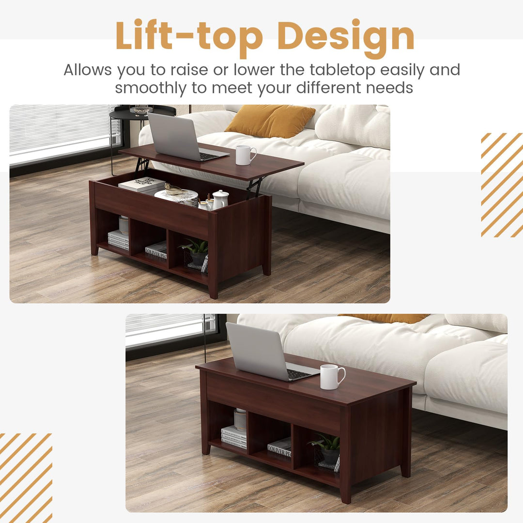 Giantex Lift Top Coffee Table - Rectangular Wooden Table w/Hidden Compartment &amp; Open Storage Shelves