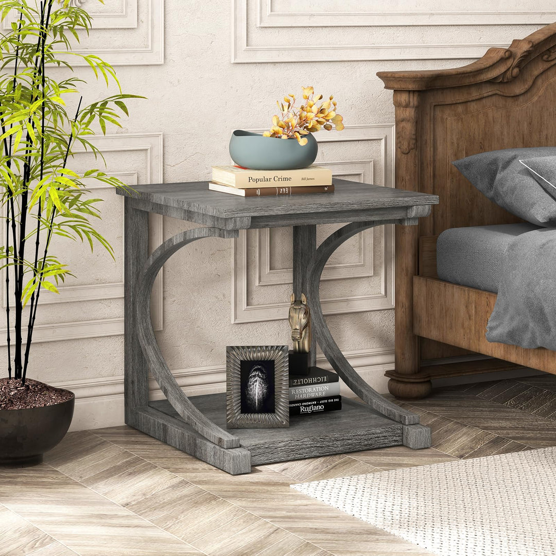 Giantex C-Shaped End Table, 24" Square Couch Table with Bottom Storage Shelf &amp; Solid Rubber Wood Frame
